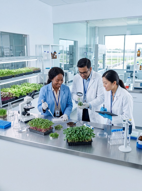 diverse, team, scientists, researching, plant, growth, and, biotechnology, modern, laboratory, scientist, research, plants, microgreens, agriculture, science, multi-ethnic, lab, coat, experiment, technology, food, sustainability, sprouts, microscope, pipette, magnifying, glass, tablet, professional, collaboration, biology, botany, innovation, analysis, discovery, health, nutrition, organic, environment, green, study, researcher, technician, genetics, workspace, high-tech, indoor, vertical, farming, future, ecology