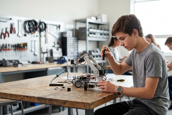 focused, teenage, student, assembling, robotic, arm, using, screwdriver, modern, stem, workshop, robotics, education, engineering, robot, teenager, learning, technology, science, school, classroom, building, assembly, maker, makerspace, innovation, future, electronics, mechanical, tools, workbench, hobby, project, skill, youth, boy, laboratory, technical, programming, artificial, intelligence, automation, hands-on, vocational, training, development, prototype