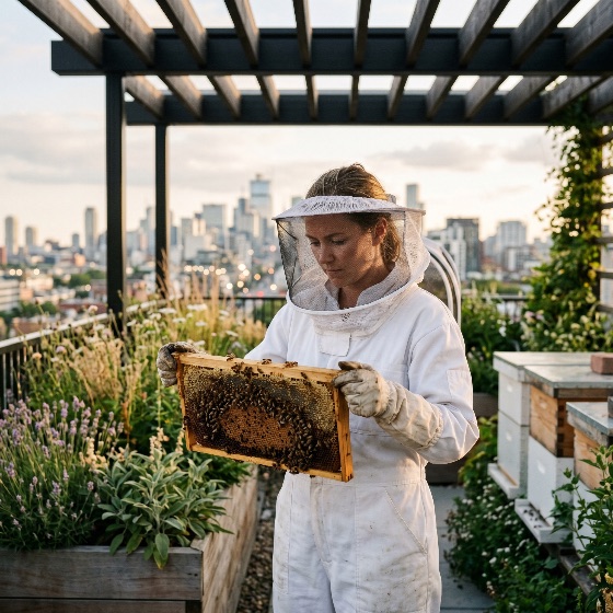 female, beekeeper, inspecting, honeycomb, frame, urban, rooftop, garden, with, city, skyline, background, beekeeping, bees, sustainability, honey, apiary, protective, suit, apiculture, farming, nature, environment, woman, professional, agriculture, ecology, hive, beehive, honeybee, inspection, organic, sustainable, living, metropolitan, sunset, golden, hour, lavender, herbs, wooden, planter, eco-friendly, biodiversity, pollination, insect, worker, hobby, outdoors, life, green, landscapes
