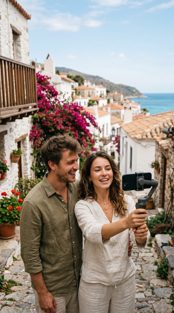 happy, young, couple, recording, travel, vlog, with, smartphone, and, gimbal, beautiful, mediterranean, village, stabilizer, vacation, summer, tourism, lifestyle, smiling, greece, coastal, holiday, video, technology, influencer, content, creator, outdoors, scenic, architecture, bougainvillea, blogger, adventure, romance, together, adults, destination, people