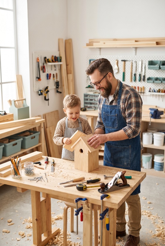 happy, father, and, young, son, working, together, diy, wooden, birdhouse, project, bright, carpentry, workshop, woodworking, family, bonding, education, tools, craftsman, hobby, wood, building, childhood, parenting, teaching, apprentice, workbench, manual, labor, creativity, home, improvement, male, boy, man, skill, craftsmanship, artisan, carpenter, joinery, construction, leisure, lifestyle, indoors, woodworker, apron, toolshed, maker, handmade, activity, learning, mentorship, fatherhood, shavings, hand, people