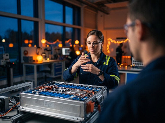 female, engineer, working, electric, vehicle, battery, pack, modern, laboratory, research, facility, technician, technology, energy, lithium-ion, development, workshop, industry, professional, safety, glasses, high-tech, innovation, automotive, power, storage, clean, sustainability, engineering, science, manufacturing, assembly, electronics, module, cells, teamwork, communication, inspection, green, transportation, industrial, worker, specialist, construction