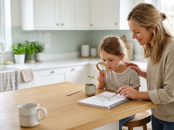 mother, and, daughter, studying, plant, sprout, with, magnifying, glass, for, home, biology, lesson, child, education, science, schooling, curiosity, kitchen, family, learning, drawing, notebook, study, nature, growth, discovery, observation, teaching, parent, girl, woman, indoors, domestic, lifestyle, childhood, investigation, exploration, environment, botany, seedling, people