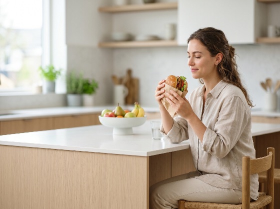 young, woman, enjoying, fresh, burger, bright, modern, kitchen, eating, food, lifestyle, happy, home, lunch, hamburger, fast, meal, hungry, delicious, interior, healthy, fruit, bowl, counter, island, sitting, portrait, female, casual, snack, tasty, appetite, enjoyment, domestic, minimalist, wood, nutrition, person, adult, caucasian, smiling, holding, people