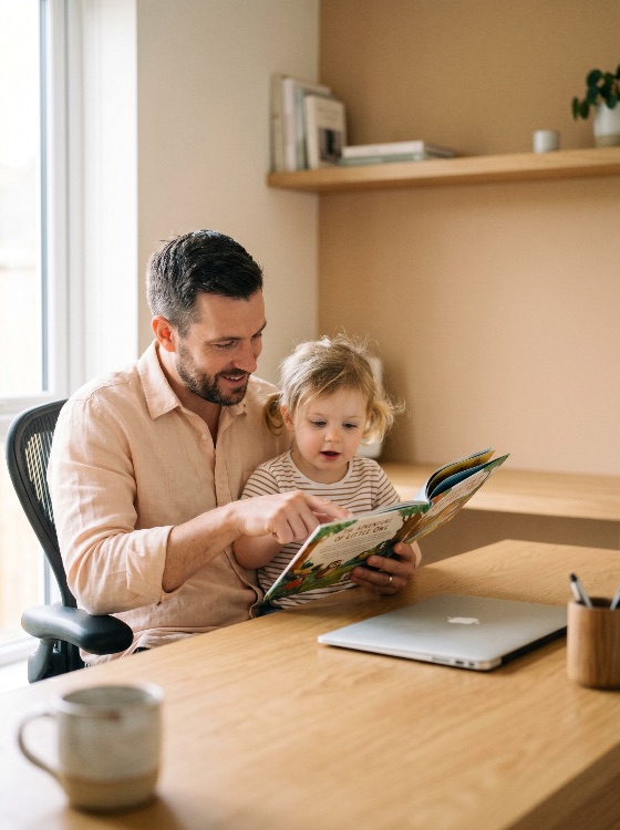 loving, father, reading, storybook, his, young, daughter, while, sitting, desk, modern, home, office, book, family, bonding, education, childhood, parenting, laptop, learning, storytime, together, love, lifestyle, domestic, minimalist, interior, caucasian, toddler, girl, man, parent, child, work, from, remote, leisure, happiness, caring, teaching, literacy, bedtime, story, morning, bright, cozy, relationship, togetherness, preschooler, nursery, illustration, pointing, lap, people