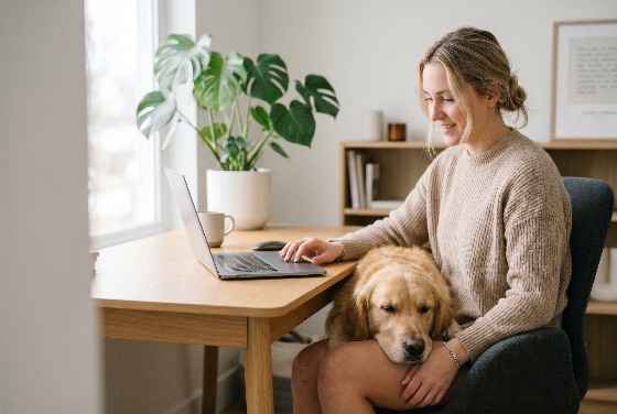 happy, young, woman, working, laptop, home, with, her, golden, retriever, dog, resting, lap, office, remote, work, pet, lifestyle, computer, desk, freelance, telecommuting, companion, animal, canine, cozy, apartment, interior, friendship, blonde, sweater, monstera, plant, house, domestic, productivity, comfort, bonding, natural, light, technology, digital, nomad, study, online, business, casual, modern, living, room, peaceful, people