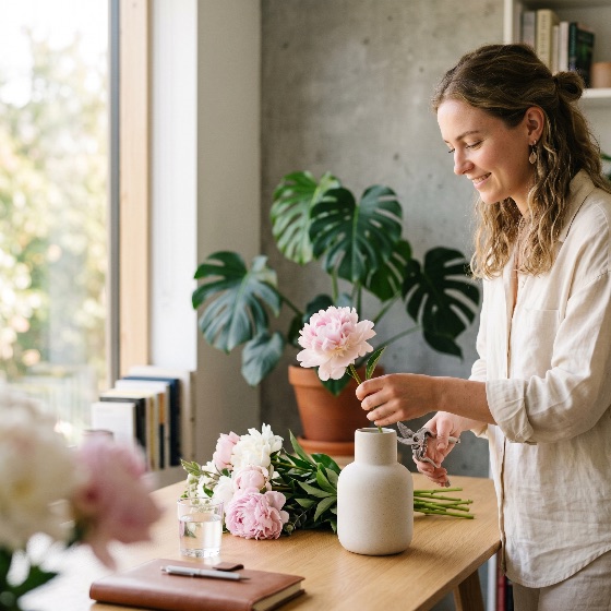 smiling, young, woman, arranging, fresh, pink, peonies, ceramic, vase, home, florist, flowers, lifestyle, hobby, gardening, pruning, shears, interior, monstera, plant, creative, peaceful, happiness, floral, bouquet, spring, summer, natural, light, leisure, craft, decoration, bloom, blossom, white, table, wooden, indoor, hobbyist, secateurs, domestic, apartment, studio, morning, botanical, nature, beauty, wellness, mindfulness, serene, elegant, aesthetic, people