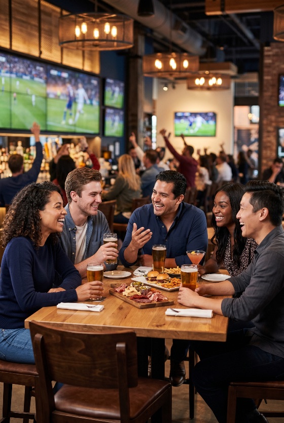 diverse, group, happy, friends, laughing, and, talking, while, enjoying, drinks, appetizers, lively, sports, bar, with, soccer, games, screens, the, background, restaurant, beer, watching, cheering, multi-ethnic, social, eating, sliders, charcuterie, nightlife, fun, gathering, men, women, happiness, lifestyle, leisure, pub, television, match, game, football, celebration, evening, casual, friendship, together, hospitality, food, beverage, cocktail, interior, atmosphere, fans, young, adults, people, dining, socializing
