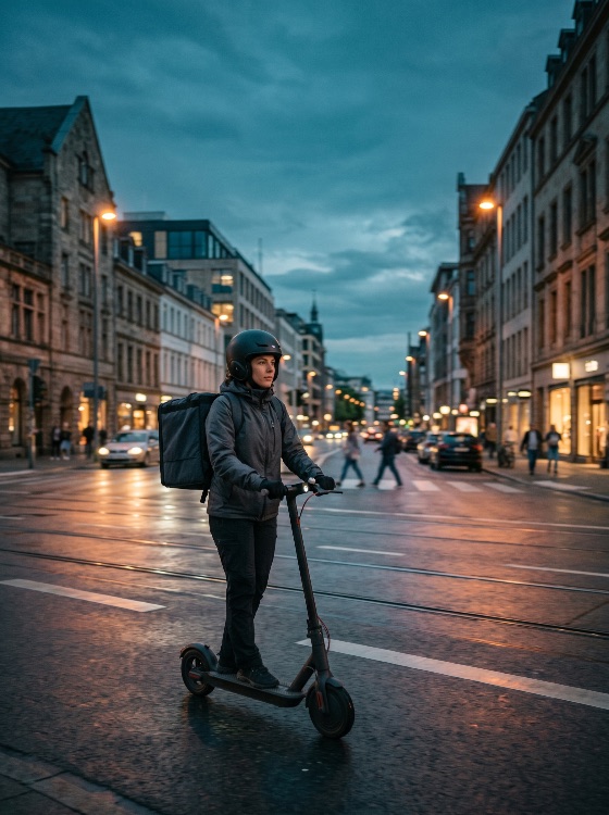 delivery, woman, with, backpack, riding, electric, scooter, city, street, twilight, courier, e-scooter, urban, dusk, evening, transport, food, helmet, road, wet, reflection, commuter, mobility, sustainable, green, energy, lifestyle, work, job, service, professional, european, architecture, outdoors, night, travel, commute, life, technology, micro-mobility, transportation, vehicles
