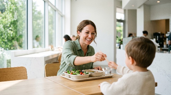 happy, mother, sharing, healthy, meal, with, her, young, son, bright, modern, cafe, family, eating, restaurant, salad, lunch, lifestyle, parenting, childhood, nutrition, organic, eco-friendly, bonding, woman, boy, toddler, wellness, interior, daylight, fresh, vegetables, togetherness, casual, dining, food, health, parent, kid, smiling, people, sunny, wooden, fork