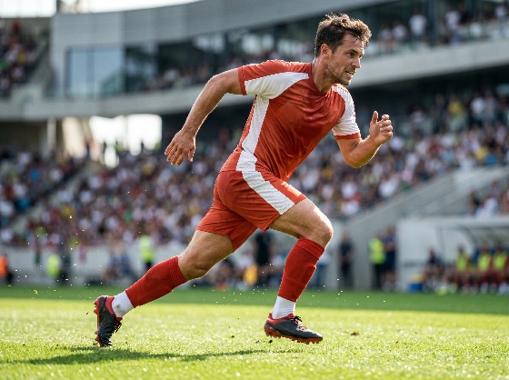professional, soccer, player, red, uniform, sprinting, across, the, field, during, match, crowded, stadium, football, athlete, running, grass, competition, sport, action, speed, power, determined, jersey, kit, white, male, man, outdoor, daylight, crowd, spectators, energy, movement, fitness, training, game, championship, tournament, active, performance, intensity, motion, cleats, boots, sports