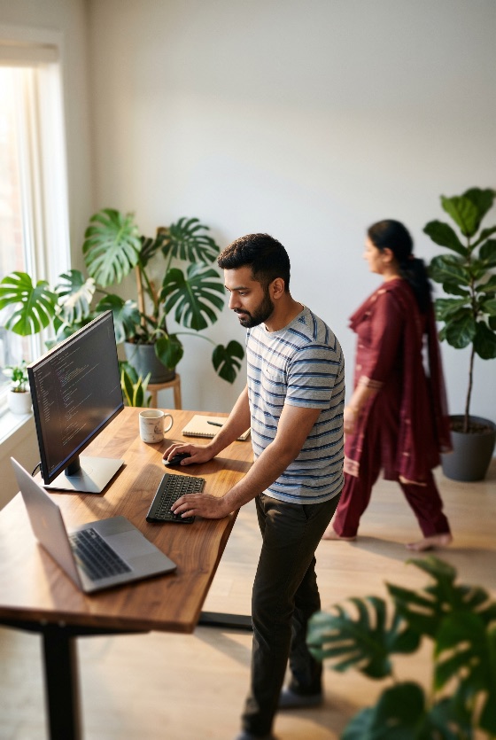 young, south, asian, man, working, standing, desk, bright, home, office, with, computer, screens, and, indoor, plants, laptop, programmer, developer, coding, indian, remote, work, from, wfh, productivity, lifestyle, monstera, technology, software, engineering, professional, modern, natural, light, apartment, career, business, internet, digital, nomad, screen, ergonomic, workspace, traditional, dress, salwar, kameez, domestic, life, houseplants, fiddle, leaf, fig, bearded, casual, wear, multitasking, tech, industry, freelancer, online, information, living, urban