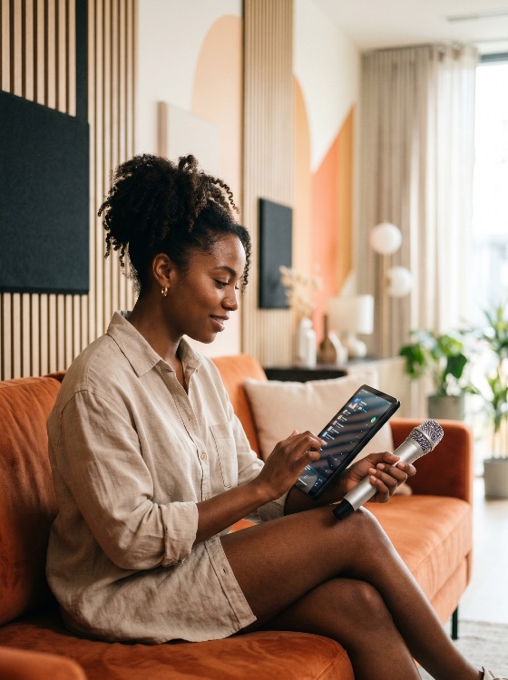 young, african, american, woman, recording, podcast, with, tablet, and, microphone, home, black, studio, content, creator, influencer, music, streaming, technology, digital, lifestyle, modern, interior, sofa, creative, broadcast, audio, sound, communication, media, professional, hobby, entertainment, leisure, indoor, sitting, wireless, app, screen, interface, apartment, decor, wooden, panels