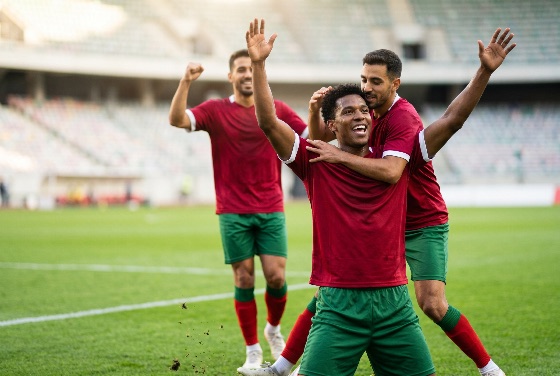 group, professional, soccer, players, red, and, green, uniforms, celebrating, victory, goal, large, stadium, field, during, match, football, celebration, team, winning, success, joy, happiness, athlete, sport, grass, uniform, teammate, embrace, hug, cheering, excitement, competition, male, men, diverse, multi-ethnic, teamwork, achievement, game, outdoor, daytime, action, emotion, triumph, score, jersey, shorts, sports, fitness