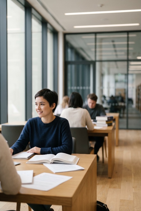 smiling, young, female, student, with, short, hair, sitting, desk, books, bright, modern, library, university, study, hall, studying, education, woman, learning, campus, college, academic, knowledge, research, school, classroom, interior, people, lifestyle, happy, concentration, literature, higher, reading, information, intelligence, career, success, motivation, focus, casual, adult, person, portrait, indoor, airy, glass, window, notebook, paper