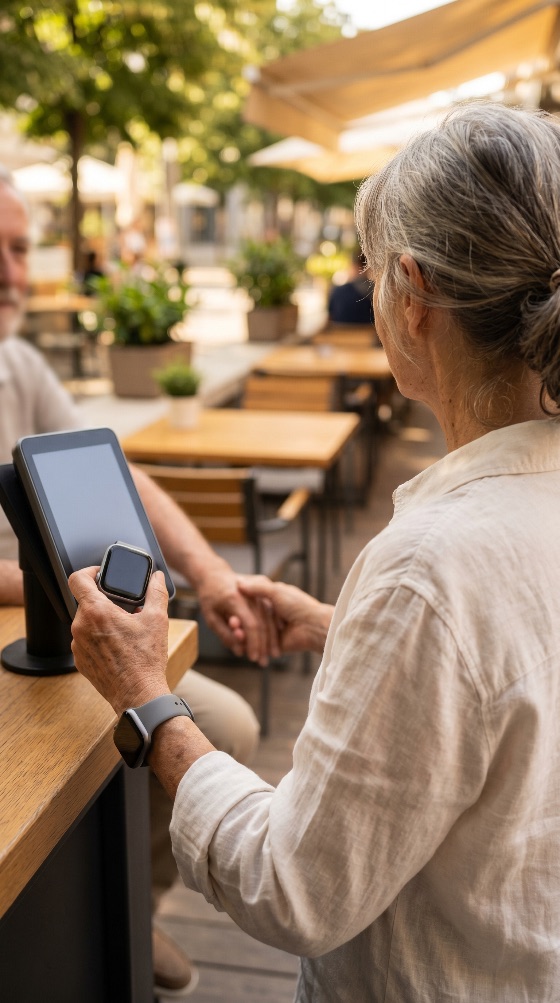 senior, woman, making, contactless, payment, with, her, smartwatch, outdoor, cafe, terrace, technology, restaurant, terminal, digital, nfc, lifestyle, elderly, modern, convenience, customer, transaction, wireless, summer, leisure, urban, city, grey, hair, retirement, pos, electronic, people