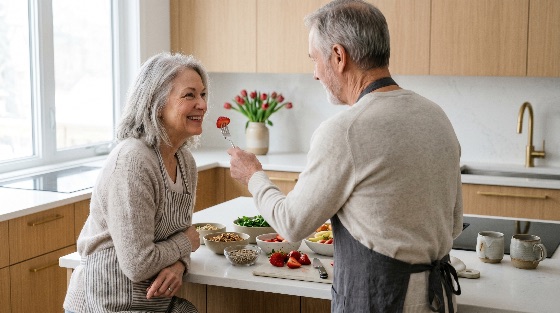 happy, senior, couple, preparing, healthy, breakfast, together, modern, kitchen, eating, retirement, lifestyle, strawberry, feeding, love, romance, elderly, man, woman, home, domestic, cooking, apron, nutrition, wellness, companionship, morning, interior, relationship, affection, caucasian, grey, hair, smiling, fruit, granola, seeds, togetherness, aging, health, food, preparation, island, tulips, bright, airy, husband, wife, people