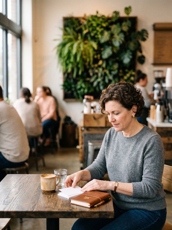 mature, woman, sitting, cozy, cafe, planning, her, day, with, journal, and, coffee, shop, notebook, lifestyle, middle-aged, writing, latte, relaxation, peaceful, thinking, curly, hair, indoor, wooden, table, vertical, garden, plant, wall, leisure, focus, reflection, stationery, pen, modern, adult, female, 40s, 50s, people