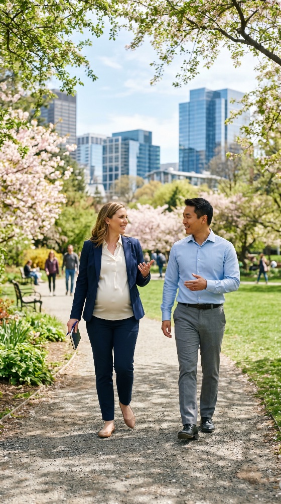 diverse, business, colleagues, including, pregnant, woman, having, walking, meeting, city, park, man, talking, urban, skyscraper, spring, cherry, blossoms, blooming, professional, coworkers, communication, career, maternity, outdoors, lifestyle, collaboration, corporate, nature, path, sunny, casual, suit, notebook, conversation, teamwork, life, skyline, finance