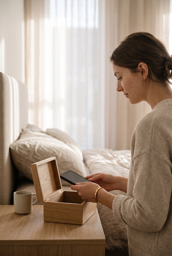young, woman, putting, her, smartphone, into, wooden, box, for, digital, detox, bright, bedroom, mindfulness, disconnect, technology, lifestyle, routine, sleep, hygiene, mental, health, wellness, minimalist, home, morning, evening, phone, storage, habit, healthy, calm, peaceful, interior, bedside, table, mug, sweater, profile, caucasian, adult, people