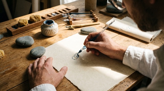 close-up, calligrapher, hands, using, glass, dip, pen, write, handmade, parchment, paper, rustic, wooden, desk, sunlit, studio, calligraphy, writing, artist, ink, craftsmanship, workshop, creative, traditional, hobby, art, inkwell, lettering, artisan, drawing, stationery, vintage, style, paperweight, stones, creativity, focus, professional, male, person, work, workspace, light, shadow, texture, blue, quill, script, handwriting, aesthetic, design, illustration, hobbyist, mindfulness, concentration, penmanship, arts, culture