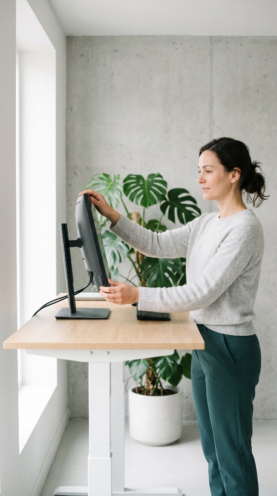 professional, woman, adjusting, computer, monitor, modern, standing, desk, bright, office, workspace, ergonomic, working, home, health, wellness, lifestyle, business, productivity, minimalist, interior, monstera, plant, natural, light, technology, remote, work, freelancer, height, adjustable, furniture, female, screen, workplace, finance