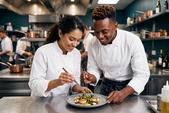 diverse, male, and, female, chefs, collaborating, plate, gourmet, scallop, dish, with, precision, modern, commercial, kitchen, setting, chef, restaurant, plating, cooking, professional, teamwork, food, culinary, fine, dining, scallops, tweezers, garnish, hospitality, cooperation, skill, preparation, arts, white, uniform, smiling, happy, expertise, apprentice, mentor, luxury, catering, drink