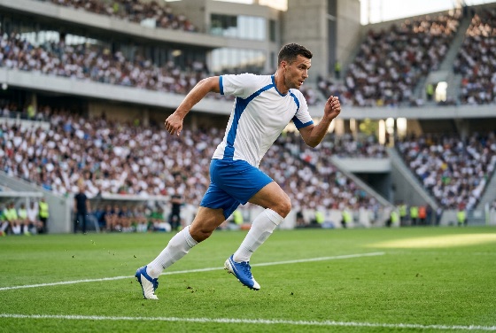 professional, male, soccer, player, sprinting, green, field, crowded, stadium, during, match, football, athlete, running, game, pitch, sport, competition, man, uniform, jersey, blue, white, grass, crowd, spectators, action, motion, speed, fitness, training, championship, league, team, outdoor, energy, performance, sports