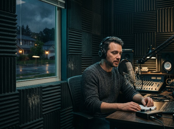 male, podcaster, recording, professional, home, studio, rainy, night, podcast, microphone, man, headphones, radio, host, voiceover, acoustic, foam, soundproof, broadcasting, audio, mixer, technology, creator, influencer, rain, window, media, communication, sound, engineer, narrator, digital, content, equipment, vocalist, streaming, moody, creative, business, finance