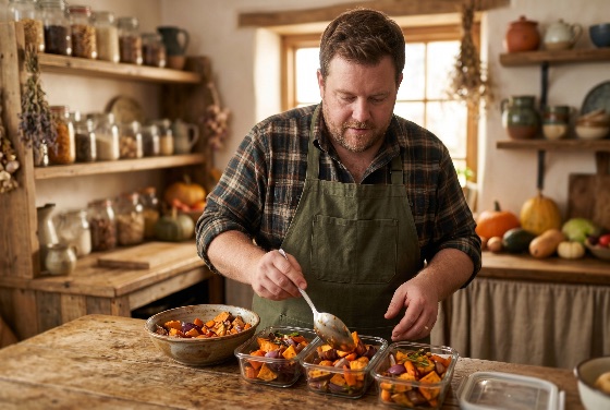 middle-aged, man, green, apron, preparing, healthy, roasted, vegetables, for, meal, prep, rustic, country, kitchen, cooking, eating, sweet, potato, home, domestic, lifestyle, nutrition, preparation, organic, food, glass, containers, storage, wooden, table, style, cozy, autumn, harvest, seasonal, adult, male, chef, wellness, interior, ingredients, planning, vegetarian, homemade, culinary, farmhouse, photography, drink