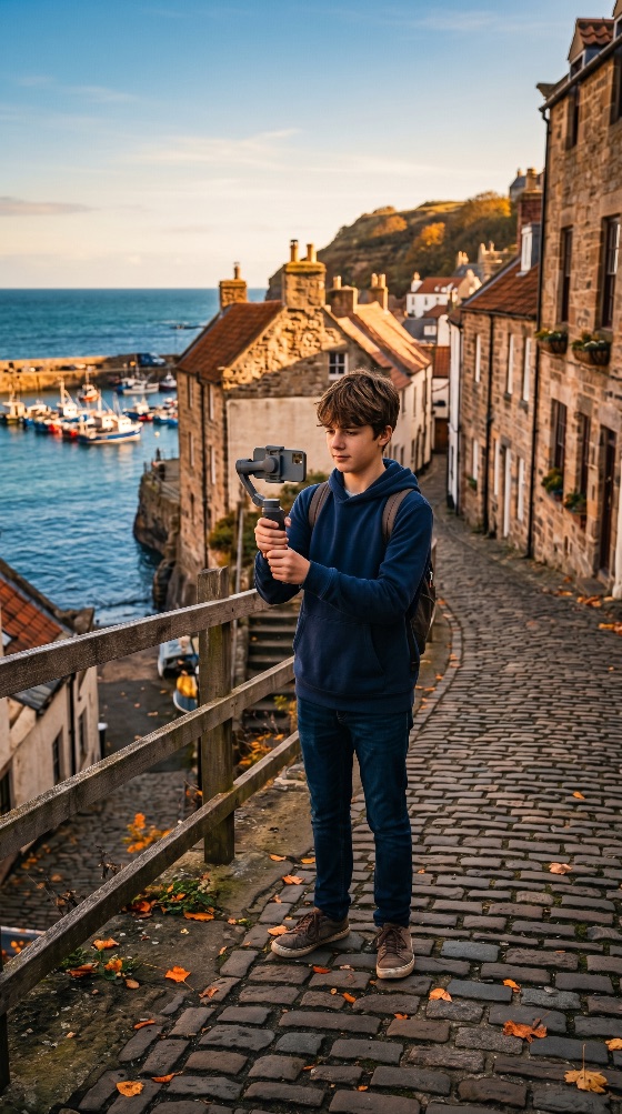 young, teenage, boy, vlogging, with, smartphone, and, gimbal, scenic, coastal, village, harbor, teenager, travel, influencer, content, creator, stabilizer, technology, vacation, tourism, cobblestone, stone, houses, sea, ocean, youth, hobby, recording, video, mobile, photography, europe, scotland, england, seaside, autumn, golden, hour, lifestyle, nature, landscapes