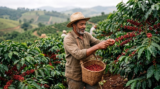 senior, farmer, harvesting, ripe, red, coffee, cherries, lush, plantation, hillside, harvest, agriculture, picking, farm, rural, worker, nature, sustainability, organic, arabica, crop, field, outdoor, man, straw, hat, basket, wicker, green, landscape, cultivation, production, industry, manual, labor, traditional, authentic, fresh, plant, foliage, mountain, misty, landscapes