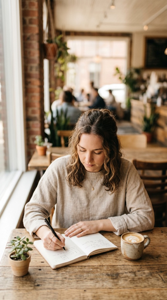 young, woman, writing, notebook, cozy, cafe, with, cup, latte, coffee, shop, journaling, studying, working, freelancer, creative, focused, rustic, wooden, table, lifestyle, student, planning, diary, notes, pen, natural, light, adult, female, wavy, hair, succulent, plant, productivity, inspiration, education, remote, work, leisure, morning, cappuccino, journal, writer, author, business, entrepreneur, workspace, casual, indoor, people
