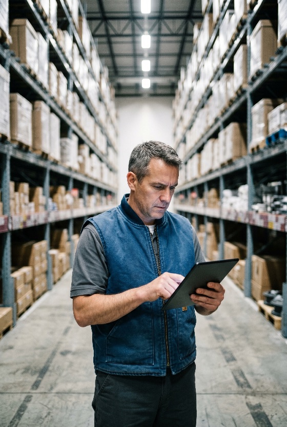 professional, warehouse, worker, using, digital, tablet, for, inventory, management, large, distribution, center, logistics, storage, industrial, technology, man, shipping, supply, chain, business, boxes, shelves, racks, wholesale, commerce, industry, work, employee, focused, checking, data, facility, warehouseman, blue, vest, middle-aged, adult, male, indoor, organization, efficiency, workplace, stock, construction