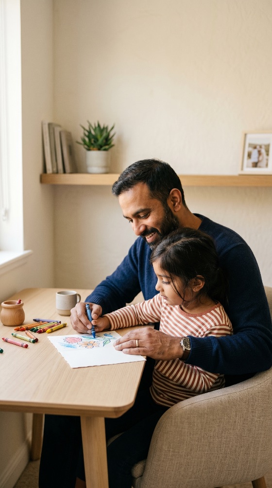 happy, indian, father, and, young, daughter, drawing, together, with, crayons, home, family, bonding, south, asian, childhood, education, creativity, parenting, love, coloring, art, learning, indoor, lifestyle, girl, man, child, parent, leisure, hobby, ethnic, diversity, togetherness, nurturing, guidance, preschooler, table, paper, colorful, activity, relationship, caring, people