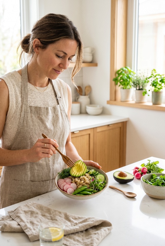 woman, linen, apron, preparing, healthy, buddha, bowl, with, avocado, and, fresh, vegetables, bright, kitchen, food, salad, quinoa, lifestyle, nutrition, wellness, organic, meal, prep, vegetarian, vegan, cooking, lunch, dinner, home, radishes, greens, cucumber, diet, eating, person, female, adult, modern, minimalist, ingredients, preparation, plant-based, nutritious, homemade, concept, culinary, photography, drink