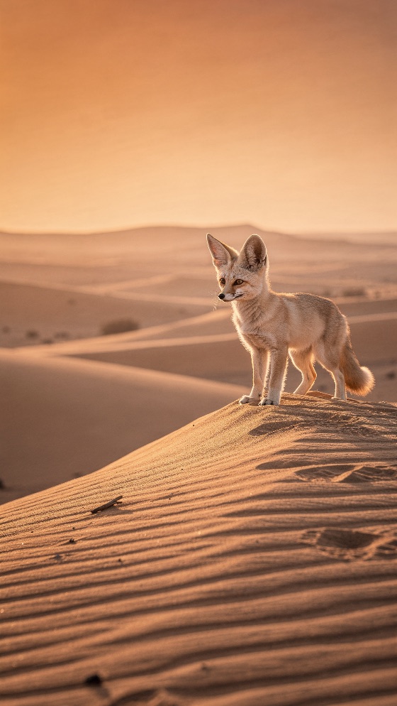 fennec, fox, standing, desert, sand, dune, sunset, with, golden, during, hour, warm, sunlight, illuminates, the, animal, large, ears, and, vast, rippled, landscape, under, hazy, orange, sky, wildlife, nature, sahara, vulpes, zerda, arid, wilderness, mammal, predator, cute, small, dunes, africa, middle, east, dry, habitat, environment, exotic, rare, beautiful, evening, morning, horizon, ridge, fur, wild, carnivore, nocturnal, survival, adaptation, heat, solitude, scenic, travel, safari, ecology, biology, conservation, landscapes