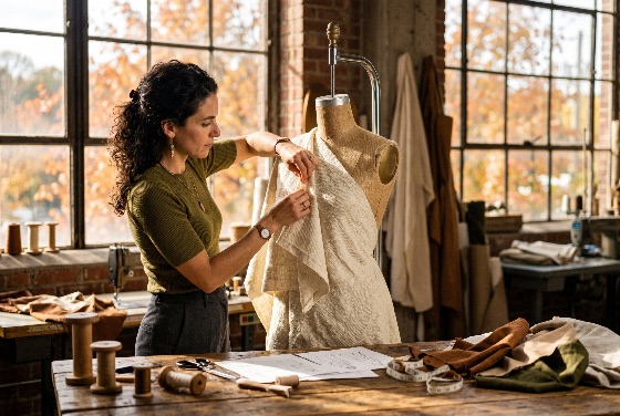 professional, female, fashion, designer, draping, and, pinning, fabric, mannequin, sunlit, industrial, studio, workshop, tailor, seamstress, dress, form, sewing, creative, woman, craft, artisan, textile, clothing, design, entrepreneur, small, business, handmade, apparel, workspace, thread, spool, scissors, measuring, tape, sketches, lifestyle, autumn, window, light, focused, work, hobby, boutique, manufacturing, garment, maker, artistic, creator, industry, dressmaker, beauty
