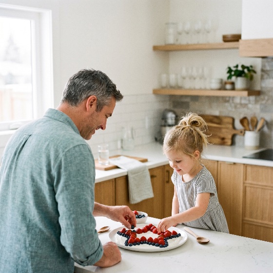 father, and, daughter, preparing, healthy, star-shaped, fruit, dessert, with, berries, bright, kitchen, family, raspberries, blueberries, star, bonding, lifestyle, child, girl, man, parenting, home, cooking, food, preparation, togetherness, happy, childhood, domestic, modern, snack, patriotic, celebration, 4th, july, yogurt, nutrition, indoor, activity, learning, teaching, love, relationship, morning, breakfast, wooden, cabinetry, island, natural, light, drink