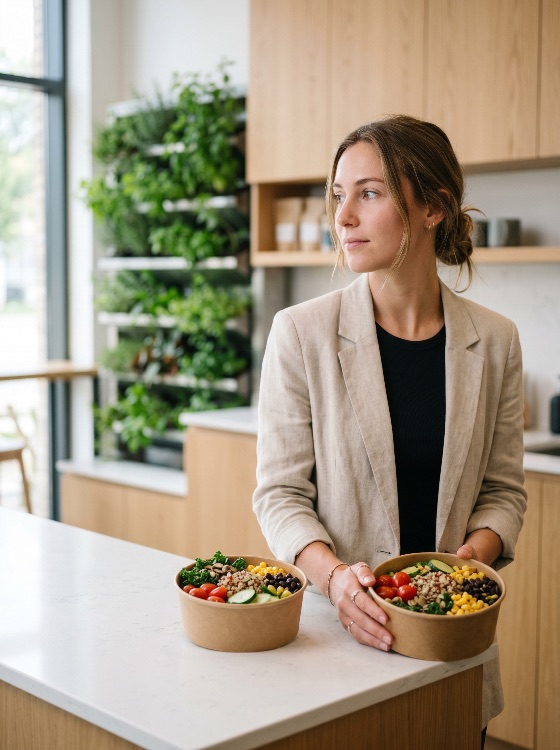 young, professional, woman, holding, healthy, salad, bowl, modern, kitchen, with, vertical, garden, food, nutrition, lifestyle, blazer, cafe, fresh, vegetable, grain, lunch, meal, vegetarian, vegan, organic, wellness, indoor, sustainable, takeout, prep, eating, conscious, bright, interior, portrait, business, casual, diet, protein, fiber, delicious, appetizing, wood, counter, white, green, plants, herbs, drink