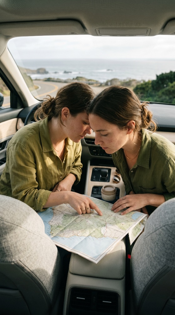 two, young, women, sitting, car, and, planning, their, travel, route, using, paper, map, while, parked, near, scenic, coastal, road, trip, friends, navigation, adventure, ocean, journey, vacation, lifestyle, tourism, outdoors, nature, exploring, summer, holiday, transport, vehicle, togetherness, friendship, adults, discovery, view, drive, destination, orientation, location, geography, direction, leisure, weekend, getaway, places