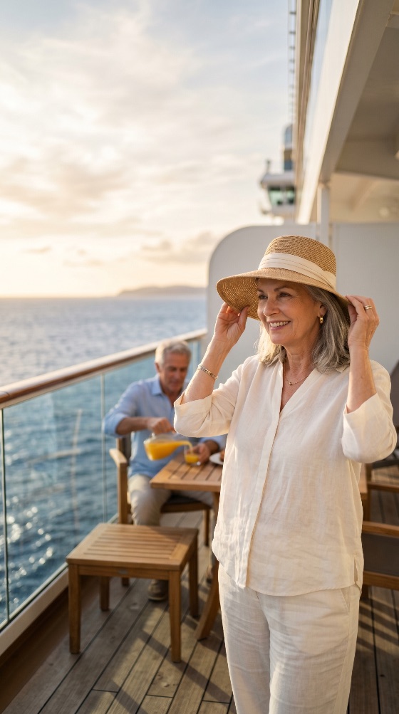 happy, senior, woman, enjoying, sunset, luxury, cruise, ship, balcony, with, her, husband, vacation, couple, retirement, travel, ocean, sea, lifestyle, leisure, tourism, holiday, deck, summer, voyage, elderly, relaxation, outdoors, view, horizon, straw, hat, linen, orange, juice, active, seniors, romantic, getaway, passenger, golden, hour, nautical, maritime, photography, wealthy, togetherness, people