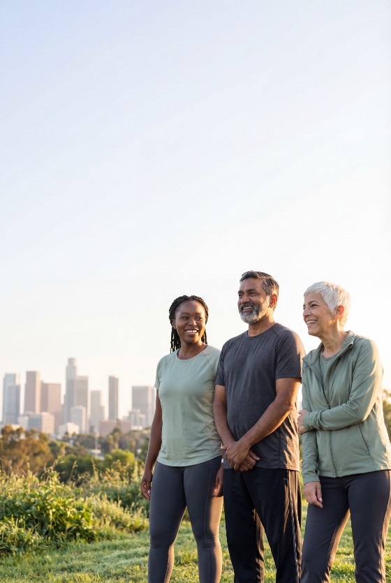 diverse, group, friends, including, black, woman, indian, man, and, senior, white, standing, together, grassy, hill, overlooking, the, los, angeles, city, skyline, during, golden, hour, sunset, fitness, healthy, active, lifestyle, community, multi-ethnic, middle-aged, young, adult, park, outdoors, nature, grass, smiling, happy, friendship, wellness, workout, sportswear, morning, evening, urban, view, panorama, togetherness, inclusion, diversity, health, vitality, retirement, people, three, women, exercise, athletic, training, motivation, success, positive