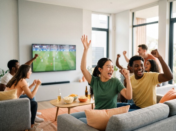 excited, multi-ethnic, friends, cheering, and, celebrating, while, watching, soccer, match, modern, living, room, football, celebration, goal, home, diverse, group, excitement, joy, sports, fans, lifestyle, entertainment, snacks, popcorn, winning, happiness, young, adults, social, togetherness, interior, leisure, competition, game, television, friendship, people, indoor, daytime, energetic, victory