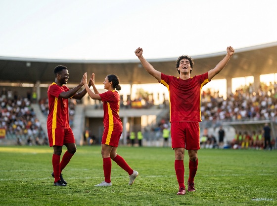 triumphant, soccer, player, cheering, with, arms, raised, while, teammates, high-five, stadium, football, celebration, victory, winning, team, athlete, success, joy, high, five, diverse, players, match, game, field, grass, uniform, goal, triumph, excitement, professional, competition, outdoor, sunset, teamwork, male, female, achievement, emotion, energy, action, athletic, pitch, arena, fans, crowd, people, sports, fitness