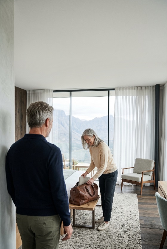 senior, couple, packing, luggage, luxury, hotel, room, with, mountain, view, travel, vacation, lifestyle, retirement, mature, adults, leather, bag, bedroom, modern, interior, togetherness, leisure, getaway, hospitality, scenic, grey, hair, man, and, woman, tourism, trip, holiday, upscale, peaceful, places