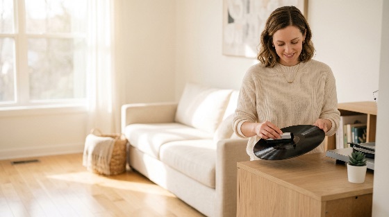 smiling, woman, carefully, cleaning, vinyl, record, with, anti-static, brush, sunlit, minimalist, living, room, music, lifestyle, hobby, audio, analog, home, turntable, collector, sound, vintage, retro, maintenance, care, happy, interior, modern, bright, leisure, domestic, adult, female, person, hobbyist, disc, black, sweater, cozy, indoor, apartment, house, relaxation, entertainment, hi-fi, audiophile, equipment, player, people