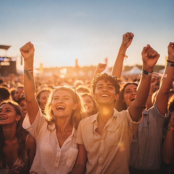 happy, young, friends, cheering, outdoor, music, festival, during, group, diverse, adults, celebrating, summer, they, have, arms, raised, and, are, smiling, broadly, the, sun, sets, behind, them, captures, energy, excitement, live, events, concert, crowd, sunset, golden, hour, party, celebration, youth, people, event, joy, lifestyle, fists, wristbands, sunglasses, laughing, together, fun, entertainment, stage, sunlight, lens, flare, casual, clothing, diversity, audience, fan, performance, holiday, vacation, travel, weekend, social, gathering, atmosphere, vibrant, freedom