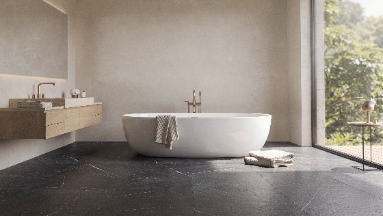 modern, minimalist, bathroom, interior, featuring, freestanding, whi, high-end, design, with, white, oval, bathtub, the, centerpiece, features, dark, marble, floor, tiles, floating, wooden, vanity, gold, hardware, and, neutral, beige, walls, natural, light, streams, through, large, glass, door, overlooking, garden, luxury, home, spa, bath, room, house, style, architecture, wall, faucet, brass, stone, black, window, clean, relaxation, lifestyle, apartment, real, estate, furniture, wood, towel, decor, contemporary, elegant, hygiene, wellness, indoor, view, terrace, morning, bright, residential, comfortable, interiors