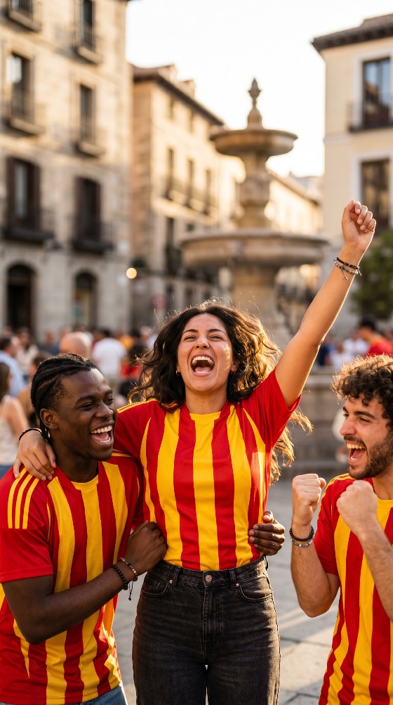 excited, diverse, group, friends, wearing, red, and, yellow, striped, jerseys, cheering, celebrating, sports, victory, sunny, european, city, plaza, fans, soccer, football, celebration, winning, multicultural, young, adults, happiness, joy, excitement, emotion, square, fountain, outdoor, street, europe, spain, jersey, shouting, arm, raised, lifestyle, energetic, passionate, enthusiastic, vibrant, togetherness, supporters, team, sport, game, match, championship, goal, success, friendship, urban, tourism, people